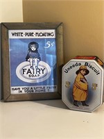 Framed fairy soap print & uneeda biscuit tin