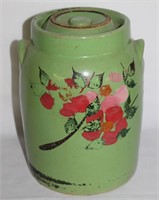 antique pottery hand painted storage jar w lid   S