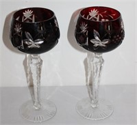 pair ruby red crystal cut to clear wine glasses  S