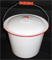 vintage red white enamelware pot w lid