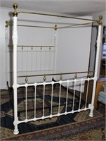 solid iron queen size bed w brass canopy / accents
