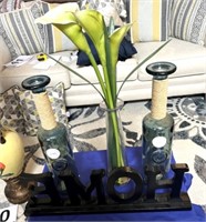 Wooden home sign and decor bottles and vase
