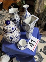 Blue and white vases and cup & saucer - tallest