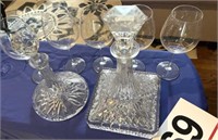 2 heavy glass decantors and 5 wine glasses