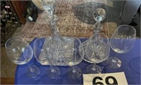 2 heavy glass decantors and 5 wine glasses