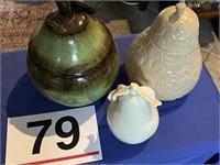 2 pear shaped cookie jars and 1 pear decor