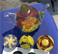 Glass paperweights - teapot shaped and round