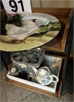 Wheeled cart w/contents - rooster plate, vases,