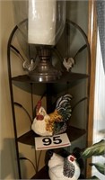 Metal rack w/ contents - roosters, candle stand