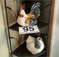 Metal rack w/ contents - roosters, candle stand