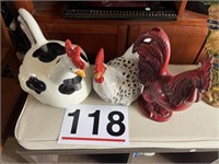 3 pottery roosters