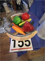 Glass bowl in wood holder w/ glass vegtables