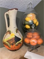 2 apothecary jars w/fruit and potteru jug