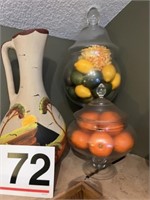 2 apothecary jars w/fruit and potteru jug