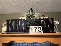 Wooden kitchen sign and 2 figurines, plant and 2