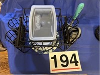 Small dish rack w/paper plates/bowls and meat