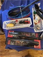 Assortment of kitchen items - spice rack, baskets,