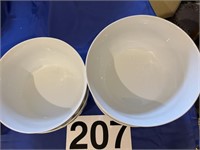 5 large white and blue bowls
