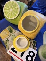 Lemon and lime canisters, pitcher and towel