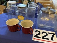Glass canister 3 pc set, pitchers, 2 soup cups