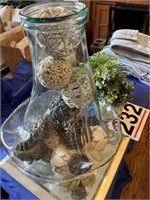 Large glass vase w/balls and mirror and 2 planters