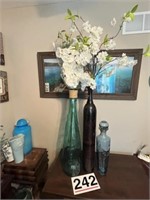 2 large bottle vases - 1 metal and decanter