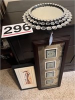2 pictures, tray and jeweled mirror