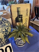 Blue and white vases, planters, wine case and