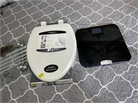 2 scales, toilet seat (new) and hamper