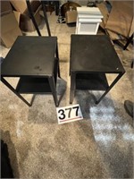 2 small metal tables and storage shelf