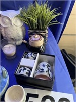 several tea pots, saki set, glass