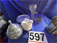 Cut glass vase, metal jars w/lids, lamp, piggy