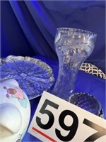 Cut glass vase, metal jars w/lids, lamp, piggy