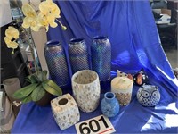 Irridecent blue vases, pottery chickens and owl,