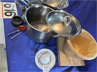 Large bowl, colander, stock pot w/lid, utensils,