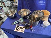 Large bowl, colander, stock pot w/lid, utensils,