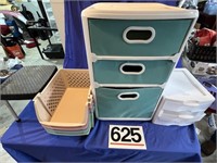 2 plastic cabinets, step stool and storage trays