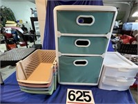2 plastic cabinets, step stool and storage trays