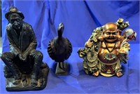 3 figurines - fisherman, bird and budda