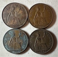 (4) UK Great Britain 1938-1948 Pennies