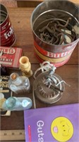 Vintage bottle, padlocks, tins, and more