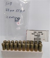 (20) Rounds of 308 168GR boat tail HP with box.