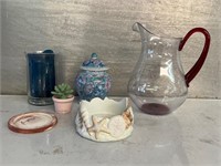 Plastic pitcher, vintage urn ginger jar, & more