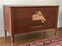 Antique Footed Blanket Chest w/ Hand Painted Ship