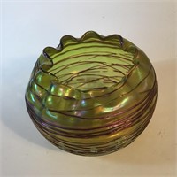 OLIVE GREEN IRIDESCENT HAND BLOWN GLASS BOWL