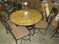 ROIUND MARBALIZED TOP METAL BASED TABLE W 4 CHAIRS