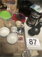 Kitchen items - bowls, mugs, coffee maker, filters