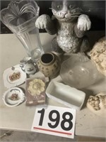 Porch hanger cat, vase, milk glass, fountain