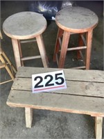 2 wooden stools, wooden bench and doll