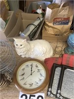 Ceramic cat, bird clock, wire basket, vase, table